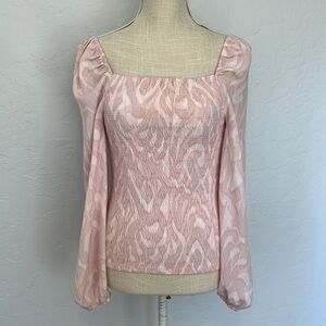 NEW HALOGEN Variegated Smocked Long
Puff Sleeve Blouse in Pink/White - Size XS